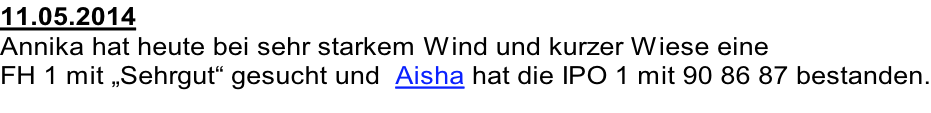 11.05.2014 Annika hat heute bei sehr starkem Wind und kurzer Wiese eine  FH 1 mit „Sehrgut“ gesucht und  Aisha hat die IPO 1 mit 90 86 87 bestanden.