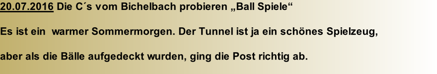 20.07.2016 Die C´s vom Bichelbach probieren „Ball Spiele“  Es ist ein  warmer Sommermorgen. Der Tunnel ist ja ein schönes Spielzeug,  aber als die Bälle aufgedeckt wurden, ging die Post richtig ab.